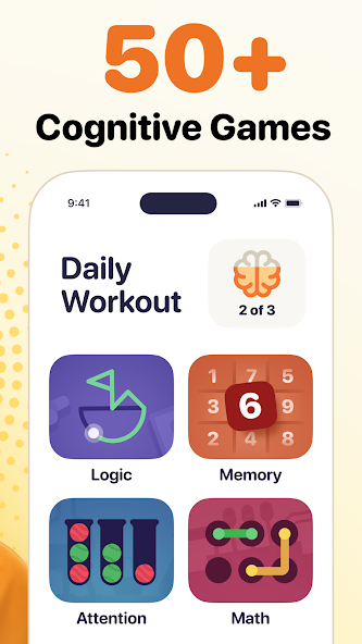 BrainSpot daily workout screen listing Logic, Memory, Attention and Math games