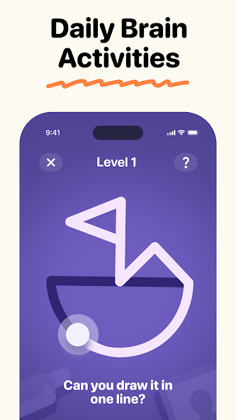 BrainSpot one-line drawing puzzle screen labeled Level 1