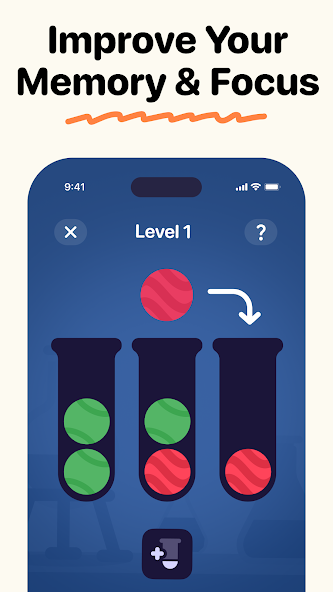 BrainSpot color-sorting puzzle screen with balls in tubes labeled Level 1