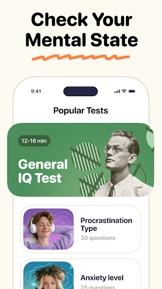 BrainSpot popular tests screen listing IQ, procrastination and anxiety assessments