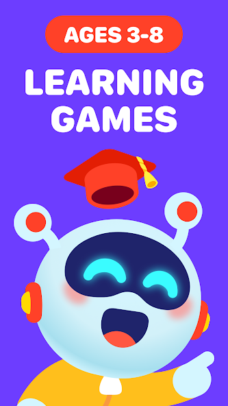 LogicLike promotional screen showing an animated robot mascot for ages 3 to 8