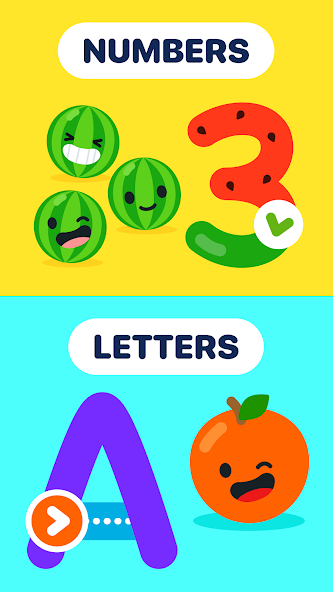 LogicLike numbers and letters lesson categories with cartoon fruit characters