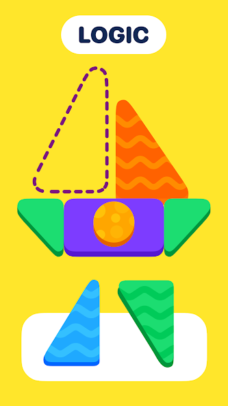 LogicLike logic puzzle screen matching colored triangles to an outline shape